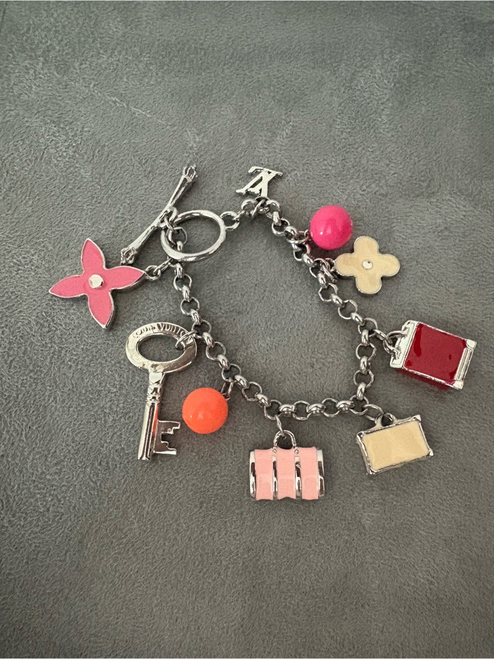 LV Silver Charm Bracelet with Pink, Red, Orange & Cream Accents Charm Y2K